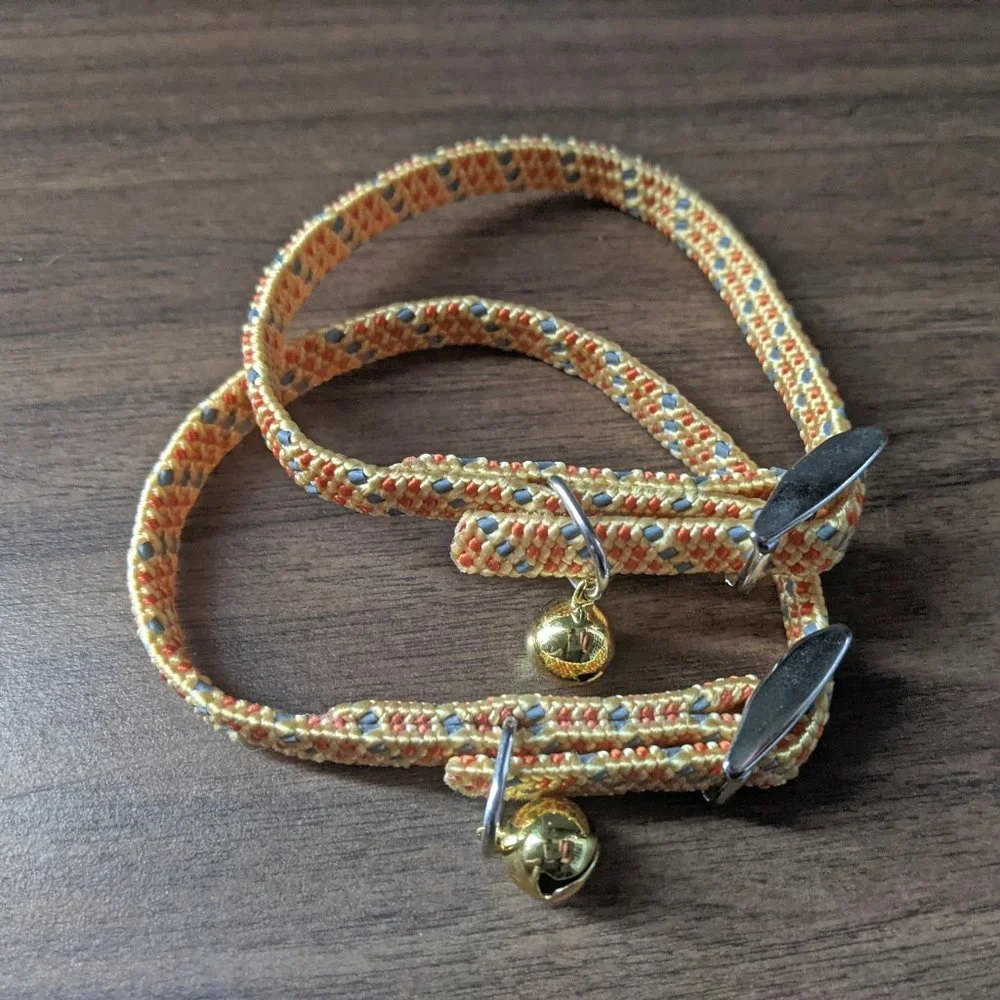 Matching Gold Bell Pet Collars in Yellow, Orange & Gray Diamond Pattern